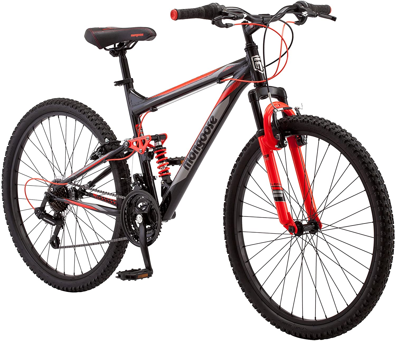 Mongoose Status Mountain Bike for Men and Women, Status 2.2, 26-Inch Wheels, Black/Red